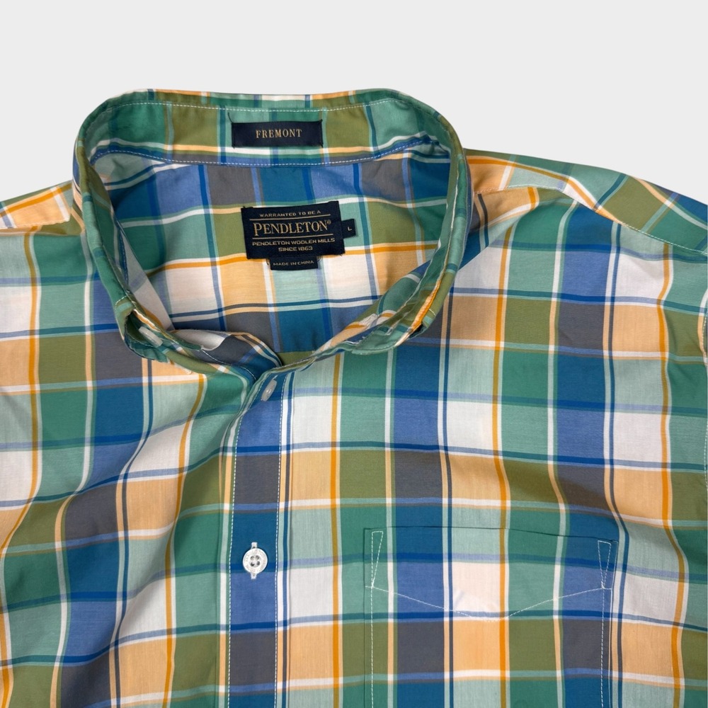 Pendleton Fremont Mens Large Green Blue Yellow Plaid Cotton Short Sleeve Shirt